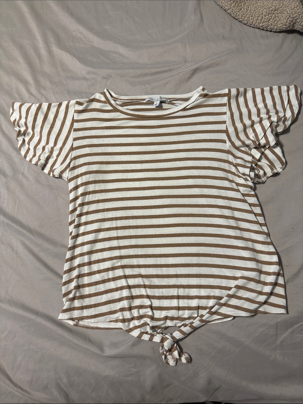 Green Envelope Cream & Brown Striped Tie-Knot Short Sleeve Top